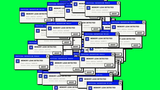 Computer error windows stacking on green screen with retro pixelated interface and BSOD crash.