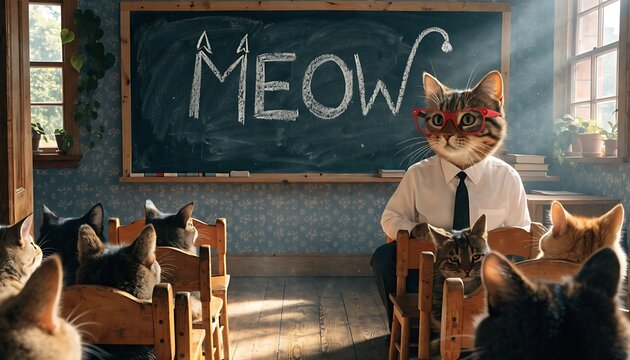 Tabby cat teacher wearing glasses in a classroom with kittens sitting at wooden desks.