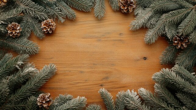 Rustic Christmas Background with Snowy Pine Branches and Pinecones on Wood