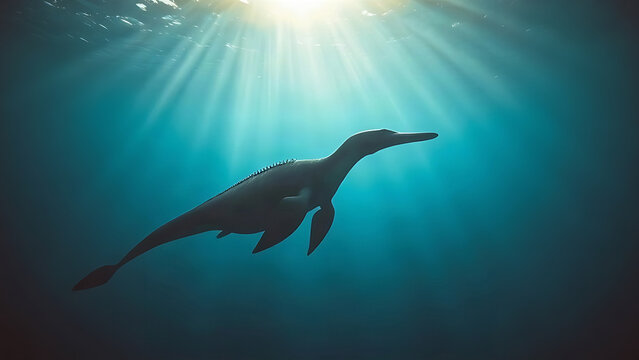 Silhouette of a long-necked plesiosaur swimming in deep blue ocean water.