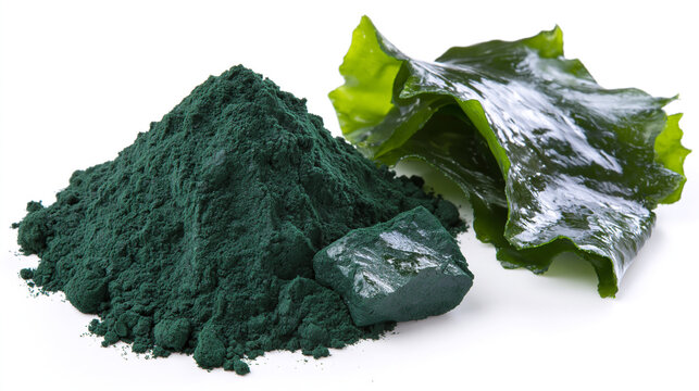 Spirulina powder pile with green seaweed leaves on white background spirulina isolated