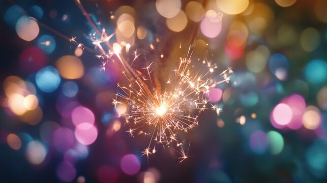 Sparkling Festive Sparkler with Colorful Bokeh Celebration Background
