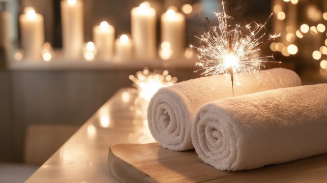 Spa treatment with rolled towels and burning sparkler for relaxation