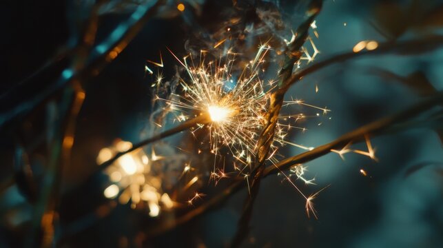 Sparkling Sparkler Emitting Bright Golden Light Amidst Dark Night Branches