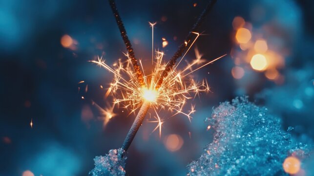 Sparkling Holiday Sparkler Against Snowy Winter Background