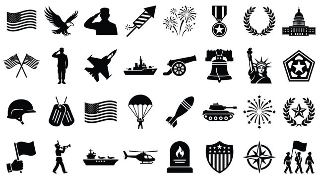 Collection of United States patriotic and military silhouette icons including American flags, eagle, soldiers, fighter jets, tanks, Liberty Bell, and Statue of Liberty symbols.