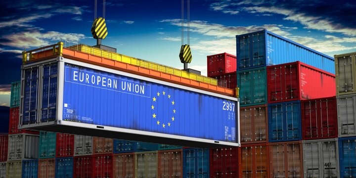 European Union - cargo container lifted by crane in terminal - international trade and logistics concept - 3D illustration