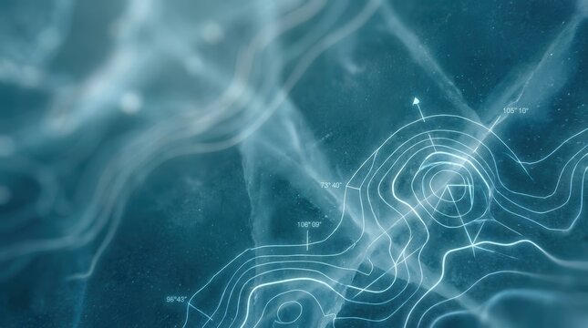 Digital topographic map with glowing white lines and degree coordinates overlaid on a textured blue frozen ice surface