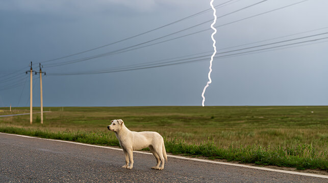 A white dog, Canis lupus familiaris, stands on asphalt road beside green field under dark stormy sky with bright lightning strike and power line