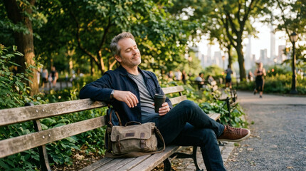Obraz premium Man enjoying coffee on park bench with city skyline in background