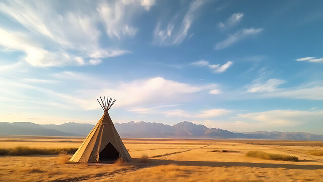A single tipi on a vast grassland under a wide sky at golden hour.