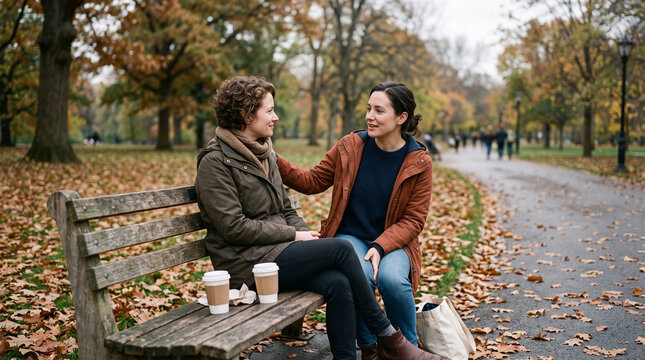 two women friends talking on park bench in autumn sitting with coffee cups holding hand on shoulder