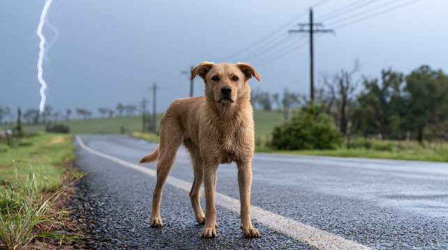 A loyal dog canis lupus familiaris stand alone on a wet asphalt country road during a severe thunderstorm with bright lightning strike