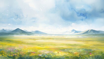 Obraz premium Watercolor Meadow and Distant Mountains Landscape Painting