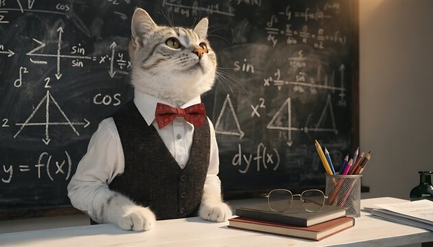 Cute cat in bow tie posing as math professor at chalkboard with equations