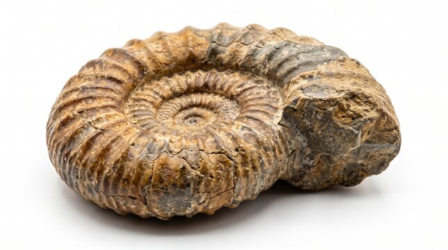 Prehistoric Ammonite Fossil Shell Specimen Isolated on White Background