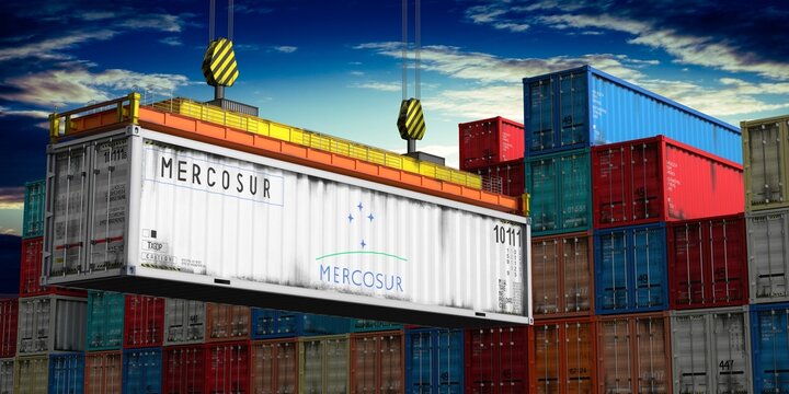 Mercosur - cargo container lifted by crane in terminal - international trade and logistics concept - 3D illustration