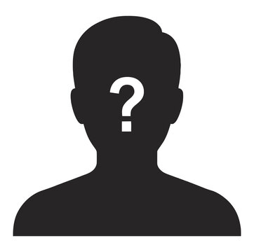 Silhouette man with question mark on head, unknown person avatar symbol representing mystery, confusion, unidentified user, anonymous profile and uncertainty vector illustration concept.