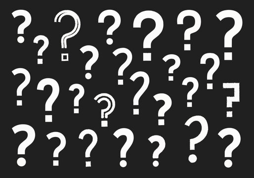 Scattered white question marks on a black background with transparent alpha, conceptual for confusion, inquiry and problem solving.