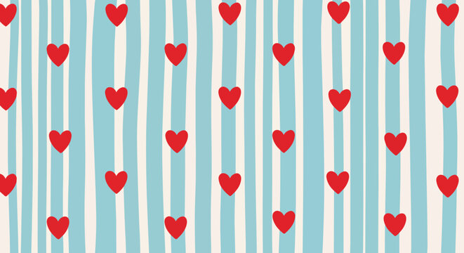Seamless pattern of scattered red hearts on a background of vertical light blue and cream stripes, ideal for Valentine's Day graphics, romantic themes and greeting card design.