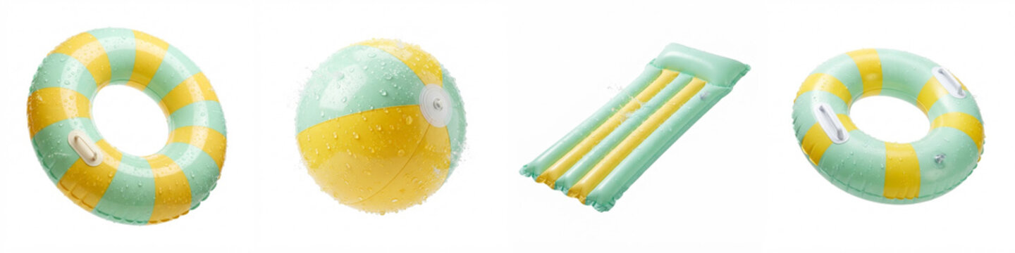Pool toys set with inflatable swim rings, wet beach ball, and air mattress float in yellow and mint green with water droplets isolated on white for summer holiday recreation