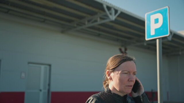 Woman talking on mobile phone by parking sign outside commercial building in daylight, 4K