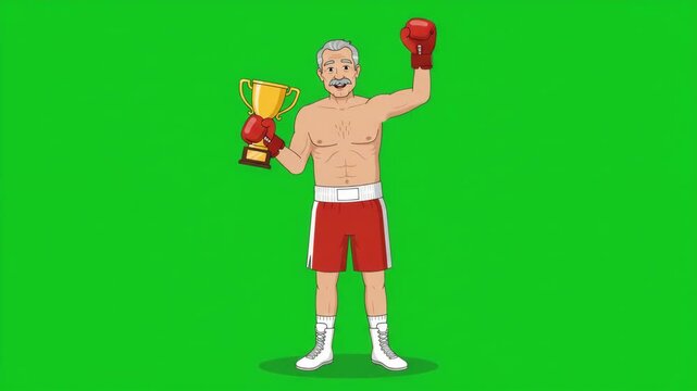 Cartoon illustration of a triumphant senior boxer holding a golden trophy on a green screen background, celebrating victory and achievement in sports.