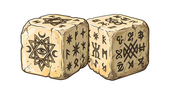 Ancient bone dice set featuring occult sigils and esoteric symbols serves as a mystical tool for tabletop roleplaying games and tabletop fantasy storytelling art.