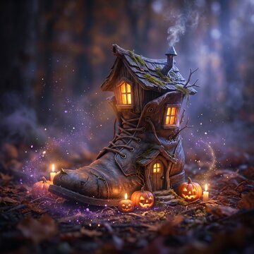 Magical boot house surrounded by pumpkins in a fantasy forest