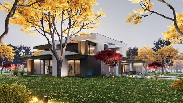 3D architectural rendering and camera movement of a contemporary cubic villa exterior during fall season. Minimalist residential architecture with large glass windows colorful foliage under bright day