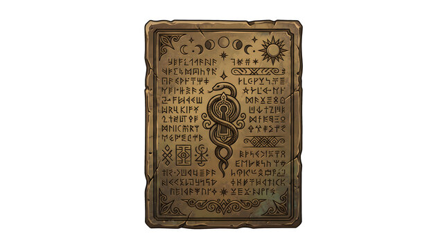 Ancient clay tablet engraved with mysterious cuneiform inscriptions moon phases and serpent keyhole symbol for unlocking forbidden temple knowledge and secrets.