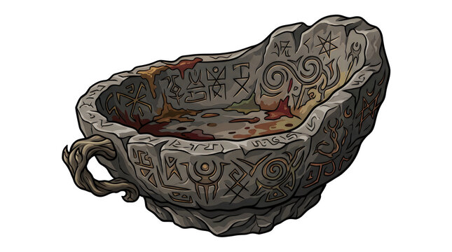 Ancient ritual stone cup for occult practices, a unique carved chalice in a dark fantasy setting with pagan symbols and old runes.