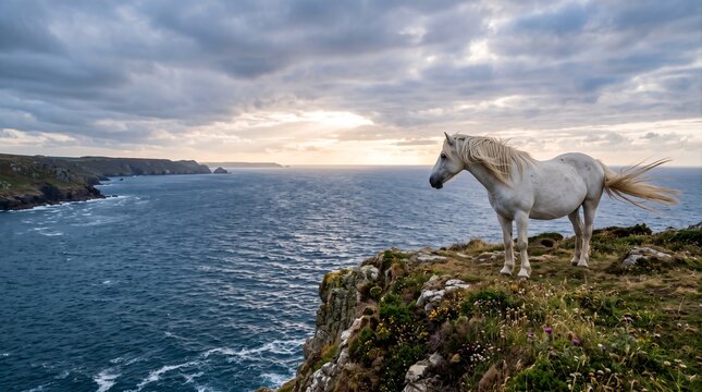 A white horse standing on a grassy cliff overlooking the ocean during a cloudy