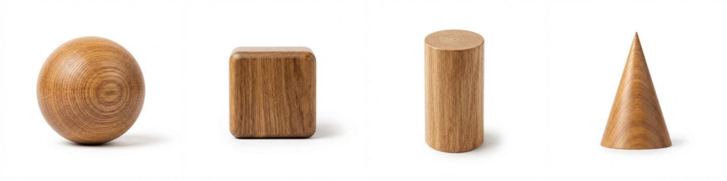 Geometric shapes made of natural wood including sphere, cube, cylinder, and cone with visible grain on white background for math education, 3D design, and minimal product staging