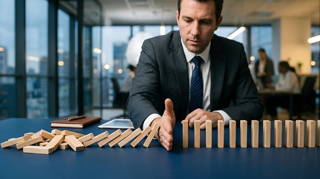 Domino Effect Risk Management Businessman Hand Stopping Falling Wooden Blocks