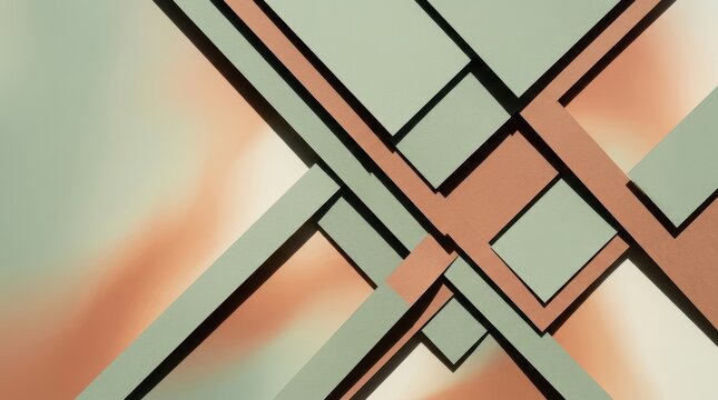 Green and copper brown geometric paper layers create a modern abstract architectural pattern with deep shadows