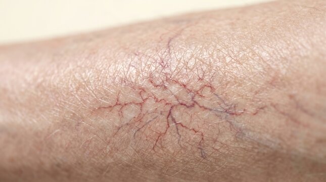 Macro photography of spider veins and broken capillaries on human skin surface for medical dermatology diagnosis.