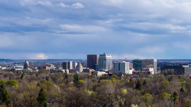 View of the Boise skyline with modern buildings and lush trees under a cloudy sky in Boise, Idaho, United States.