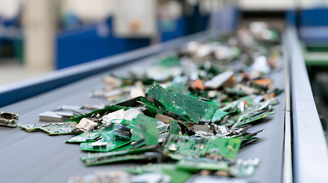 Electronic waste conveyor belt in recycling facility process modern technology green circuit boards sorting disposal hazardous materials plant