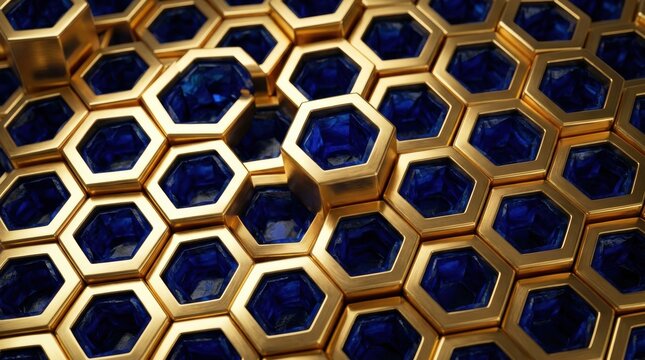Golden hexagonal grid structures with translucent blue glass centers arranged in a geometric honeycomb pattern