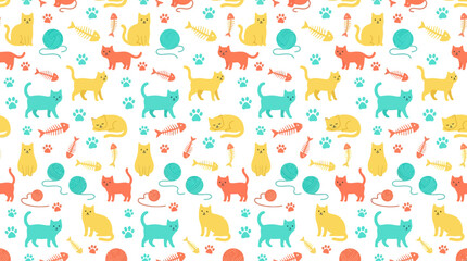 Fototapeta premium Cute Cat Pattern Isolated - Kittens, Yarn Balls, Fish Toys