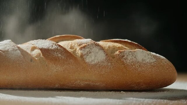 Artistic macro video of a baguette on a bright contrasting backdrop as a gentle cloud of flour falls over it, creating a dynamic and lively foodad atmosphere