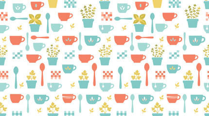 Fototapeta premium Cute Kitchen Pattern: Coffee Cups, Spoons, Potted Herbs, Leaves