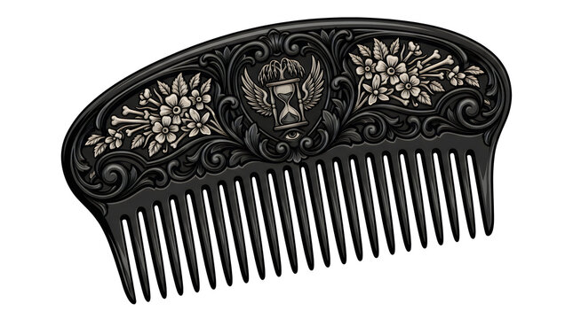 Intricate black mourning hair comb depicts hourglass with wings and forget me not flowers for memento mori themes or historical Victorian funeral memorabilia.
