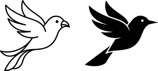 Obraz premium Title: Flying Dove and Sparrow Bird Icon Set Representing Freedom Peace and Nature Concepts in Outline and Silhouette Vector Graphic
