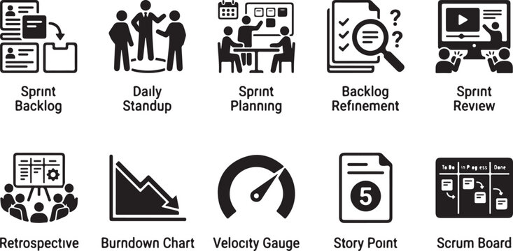 Set of ten black silhouette icons representing agile scrum methodology processes, including sprint backlog, daily standup, planning, review, and kanban boards