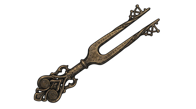 Ornate brass tuning fork adorned with alchemical symbols and decorative filigree handle for channeling sonic magic energy and performing vibrational rituals.