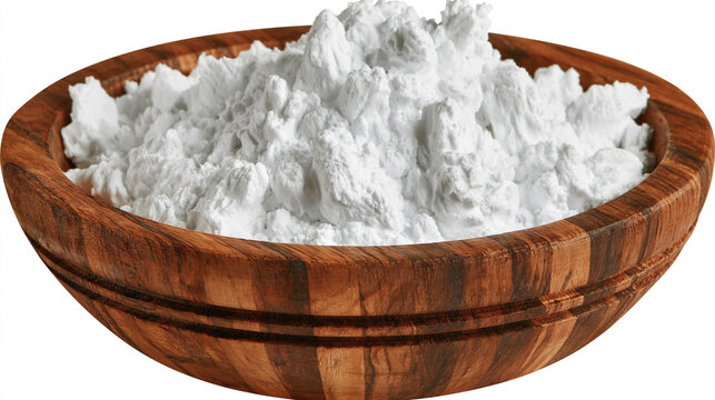 Fine white starch powder in a small decorative wooden bowl with baking ingredient