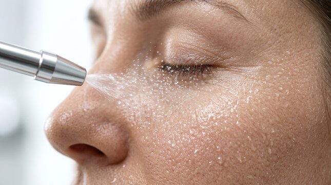 Macro view of oxygen jet peel device spraying hydrating mist on female face skin