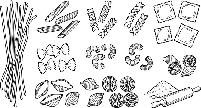 Pasta Varieties Collection with Rolling Pin Illustration Featuring Noodles
